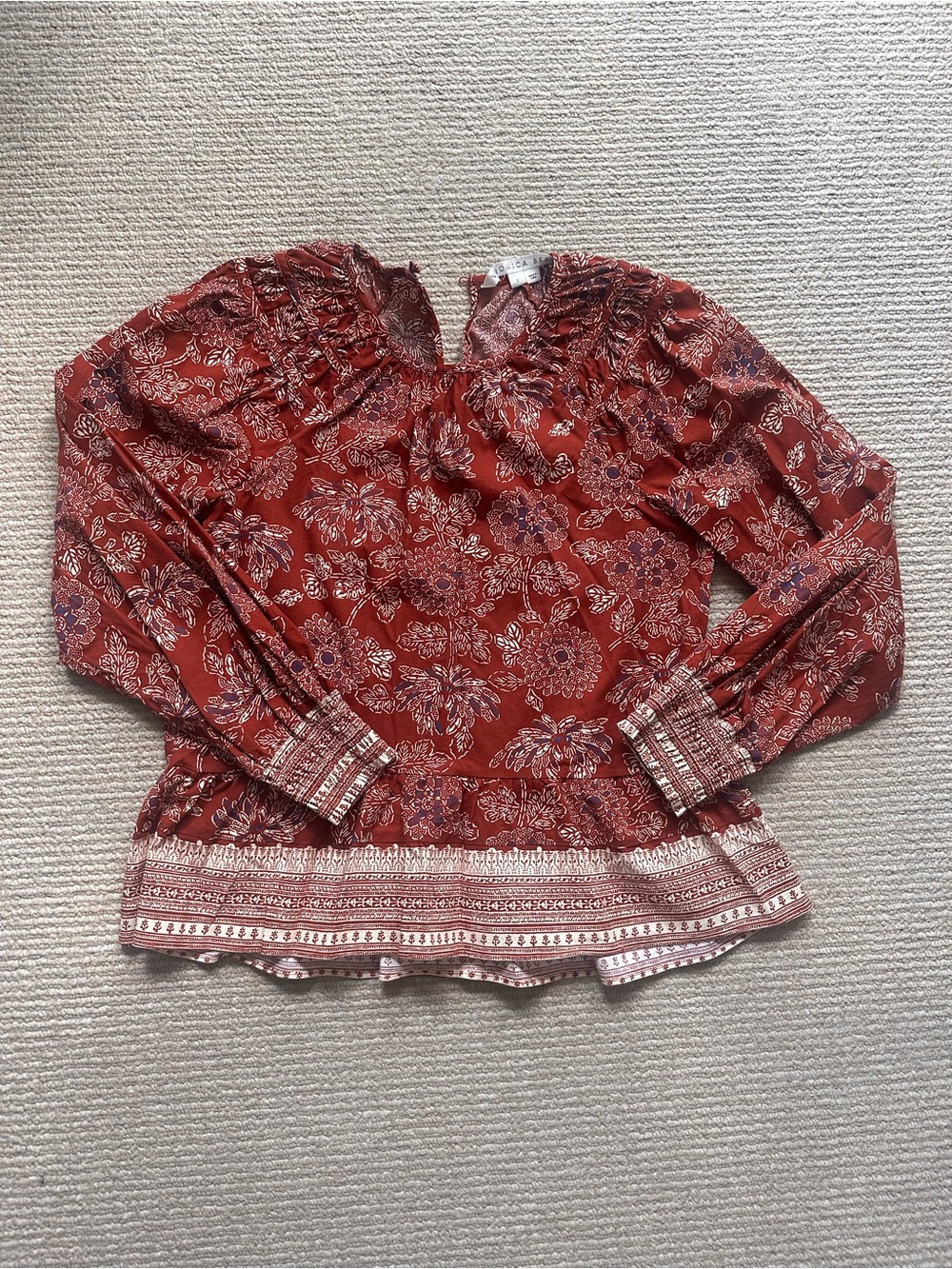 Veronica Beard Rust Floral Smocked Peasant Top Size 2